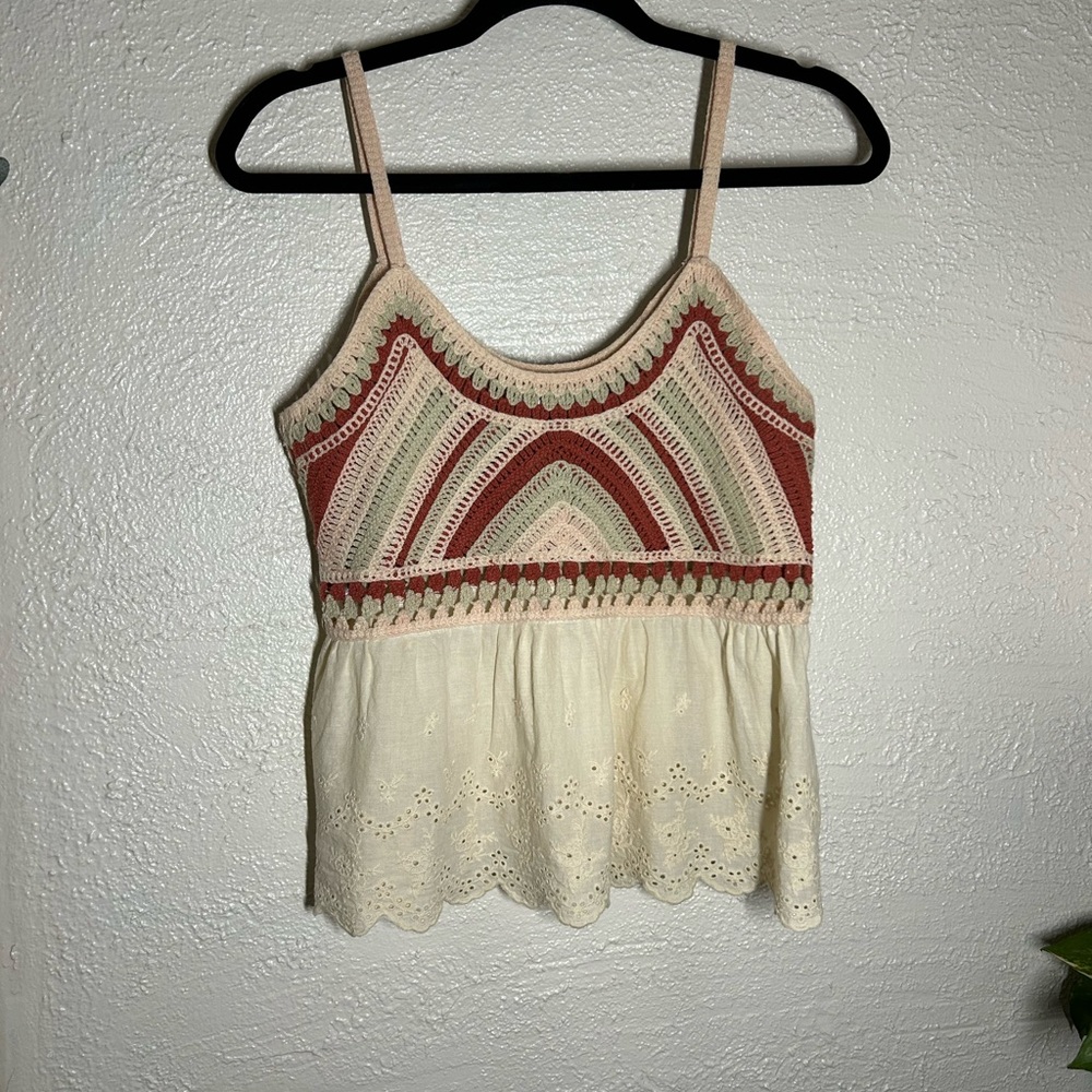 Roommates Cream & Rust Crochet Eyelet Spaghetti Strap Tank